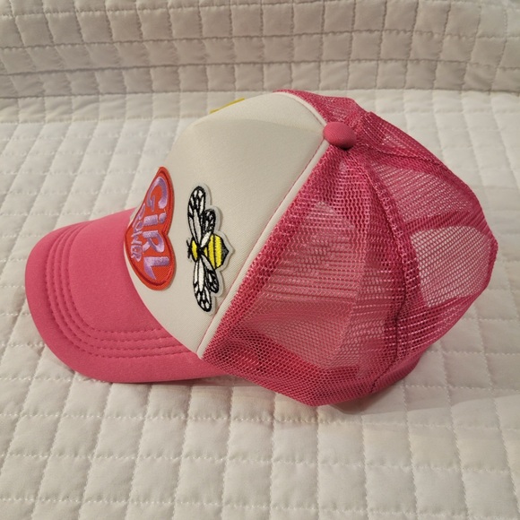 Handmade Pink White Girl Power Mesh Trucker Cap Sun Rose Bee Patches Barbiecore - Picture 2 of 6